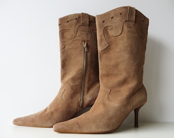 Vintage Suede Cowboy Boots: Sand Beige Leather Booties, US 8.5