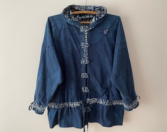 90s Reversible parka, Oversized windbreaker jacket, Denim blue cotton jacket with hood, women camping jacket, large