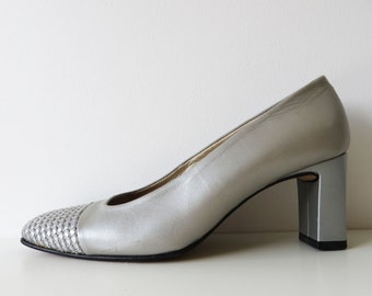 Escarpins gris argenté pour femmes, chaussures de bureau formelles, chaussures à talons mi-hautes en cuir véritable, escarpins décontractés, cadeau pour femme