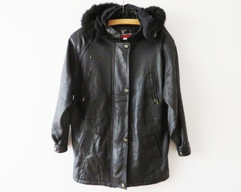 Parka in pelle anni '80: trench vintage nero con cappuccio, taglia M-L