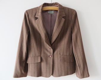 Blazer vintage a rayas: Chaqueta de traje formal marrón, talla mediana