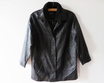 Vintage zwarte leren parka uit de jaren 90, large voor dames