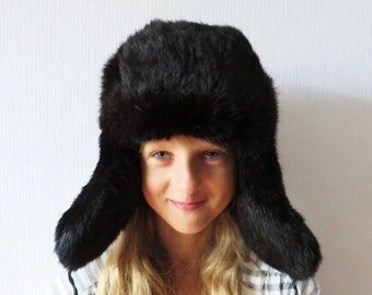 Chapeau Ushanka en fourrure de lapin, chapeau d'hiver pour soldat de trappeur, chapeau d'hiver traditionnel marron en fourrure véritable vintage des années 70, idée cadeau pour elle et lui