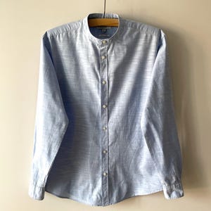 Mandarin collar shirt, Men&#39;s light blue cotton singlet, long sleeve chemise, button Up button down country wedding shirt, gift idea, large