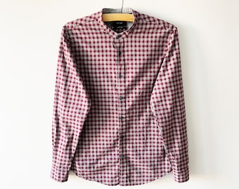 Mandarin collar shirt, plaid men's cotton summer singlet, long sleeve chemise, button up button down country shirt, medium