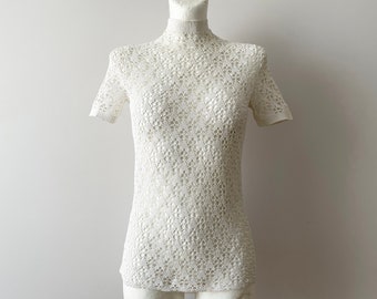 Crochet summer top, women's white lace blouse, crocheted short sleeve top, retro summer blouse, gift idea for women, size xs small