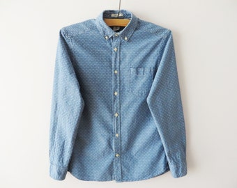 Vintage Light Blue Dotted Denim Shirt: Men's Small Cotton Jacket