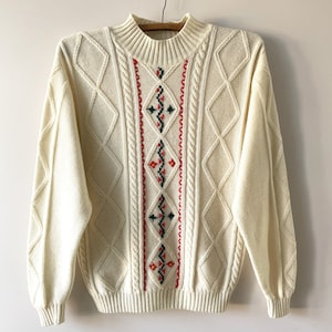 Vintage Ivory Cable Knit Sweater: Embroidered Wool Blend Jumper (Medium)
