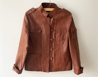 Vintage Caramel Brown Leather Parka: Women's Genuine Leather Jacket (Size Medium)
