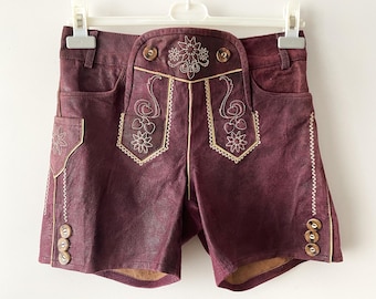 Women&#39;s trachten shorts, wine red leather dirndl shorts, genuine leather loden short pants, German Oktoberfest burgundy lederhose, small