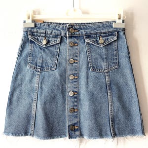 Blue denim mini skirt, front Button down A line women&#39;s summer skirt with pockets, hippie bohemian festival skirt, gift idea for her, small