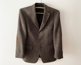 Blazer in tweed da uomo, cappotto sportivo in lana vergine con toppe sui gomiti, abbigliamento casual, abbigliamento formale da gentiluomo, classica giacca preppy, grande