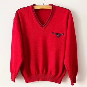 90s Red Wool Blend V-Neck Sweater: Vintage Knitted Pullover, Large