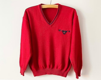 90s Red Wool Blend V-Neck Sweater: Vintage Knitted Pullover, Large