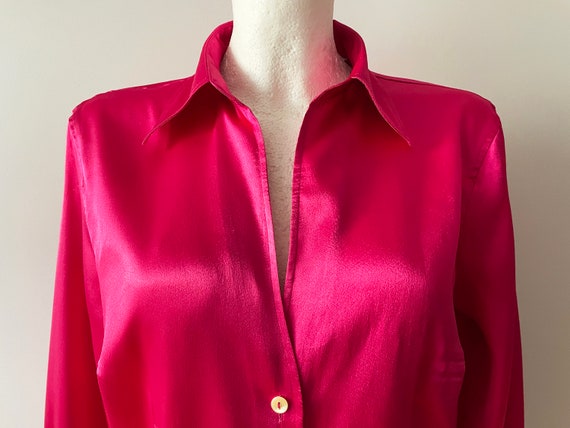90s Raspberry pink blouse, bright silky polyester… - image 2