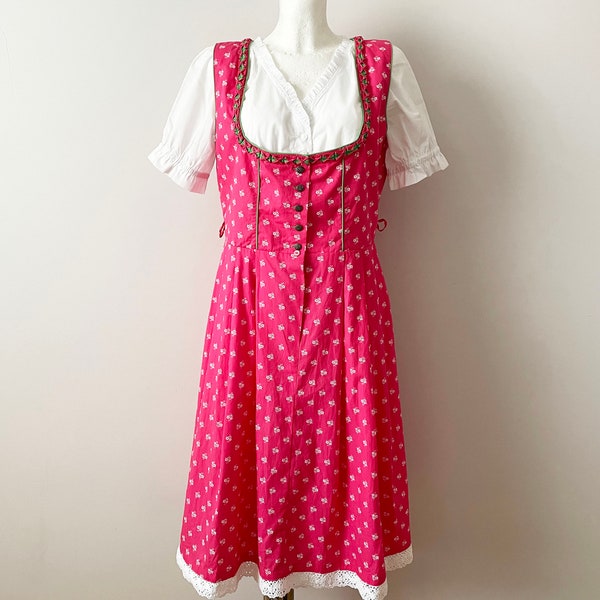 90s Pink floral ditsy print Austrian trachten summer gown, sleeve less cottage gown, German Bavarian oktoberfest dress, gift for her, medium