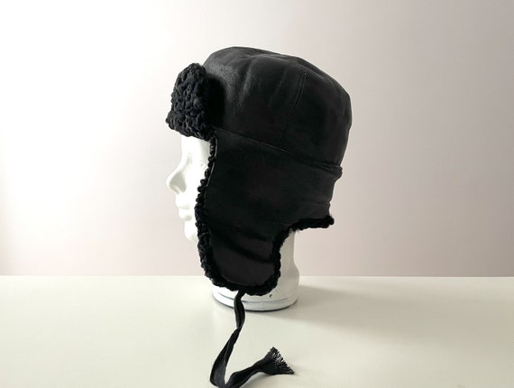 Black curly lamb ushanka, real fur genuine leathe… - image 1