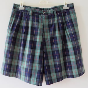 90s Plaid Men Bermuda Shorts Navy Green Checkered Men's Cotton Shorts With Pockets Long Plaid Summer Hipster Festival Shorts Size Large