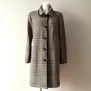 Abrigo de lana a cuadros para mujer, abrigo vintage de pata de gallo beige y negro de JONATHAN MICHAEL, ribete de cuero, idea de regalo para ella, fabricado en EE. UU., talla grande