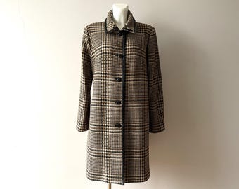Plaid wool women&#39;s coat, JONATHAN MICHAEL vintage black beige houndstooth overcoat, leather trim, gift idea for her, made in USA, size large