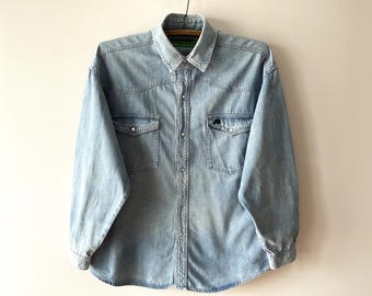 Chemise en jean vintage : chemise de nuit en coton bleu à manches longues pour homme, grande