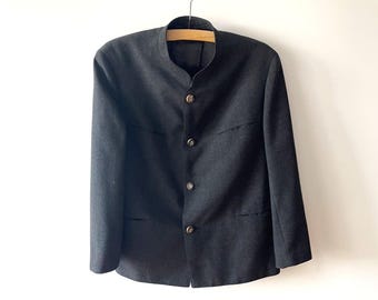 Vintage Grey Wool Mandarin Collar Blazer: Austrian Tyrolean Loden Jacket XL