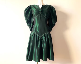 80s Green taffeta dress, 1980s disco party, avant garde cocktail dress, button up back bow gown, prom dress, gift idea for her, size small