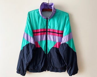80er Jahre Windbreaker, Colorblock Parka, leichte Nylon Sportjacke, Jogging-Track-Jacke, Hipster-Oberbekleidung, Reißverschlussjacke, Größe XL