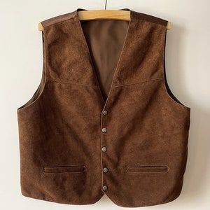 Genuine leather men&#39;s vest, Brown suede steampunk waistcoat with snap buttons, boho bohemian motorcycle leather fetish, gift idea, XL Large