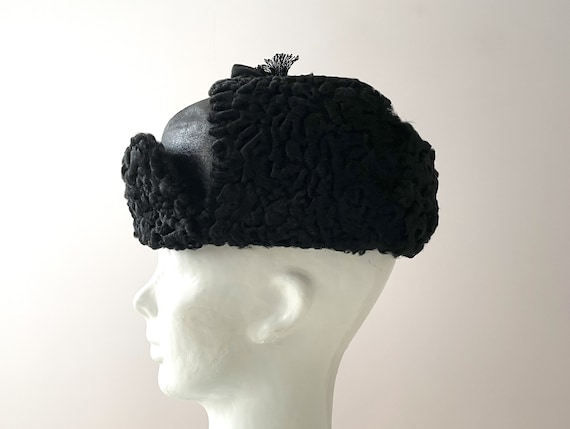 Black curly lamb ushanka, real fur genuine leathe… - image 2