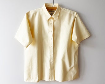 80s Women&#39;s summer shirt, pale yellow cotton top, short sleeve women blouse, button up formal blouse, gift idea for her, plus size xl large