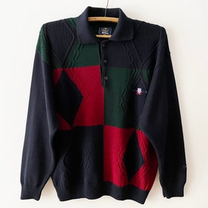 90er Jahre Herrenpullover aus Merinowollgemisch, Color Block mit Kragen, Kuscheliger Winterpullover, Skipullover und Geschenkidee für Ihn