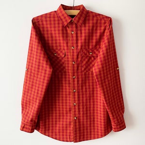 Plaid men&#39;s shirt, Orange checkered cotton work singlet, button up long sleeve chemise, bright redneck shirt, boyfriend gift, size small