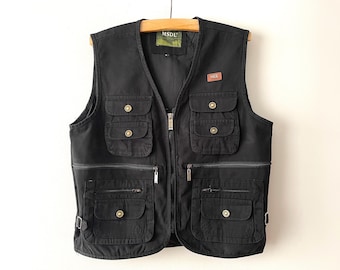 Workwear Utility Vest, Black Cotton Outdoor Vest, Classic Minimalist Workwear Waistcoat with Pockets, M