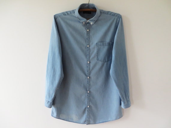 light blue denim button up shirt