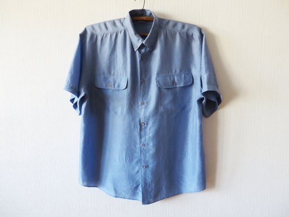 Vintage 80's Men Silk Shirt Light Blue Silk Shirt Short | Etsy