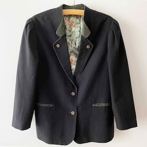 80s Black women blazer, long Dirndl jacket, linen cotton blend Bawarian Trachten blazer, Austrian Tyrolean loden jacket, gift for mom, large