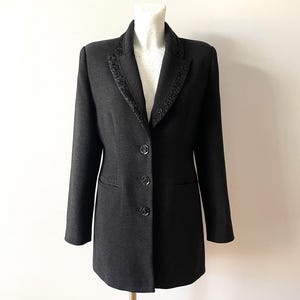 90s Dark gray women&#39;s blazer, Long women formal jacket with shoulder pads and rose buttons, Gift idea for her, size medium