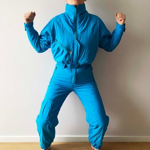 80s One piece ski suit womens, ETIREL turquoise blue skiing snow overalls, hipster puffer snowsuit, winter snow gear, snowboard jumpsuit