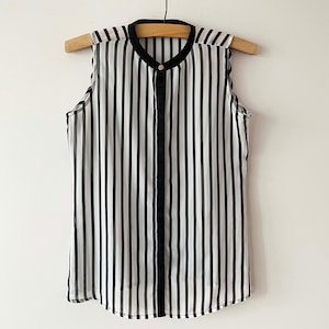 Vintage White Striped Chiffon Blouse: Sleeveless See-Through Tunic