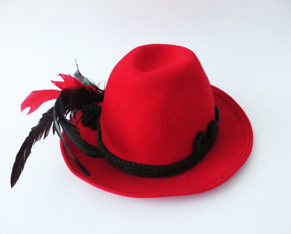 Vintage 80s Red Fedora Hat Austrian Mountain Hat F