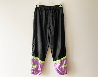 Pantalon de course des années 80, taille haute en nylon violet noir, coupe-vent coupe-vent, pantalon de course, pantalon d'entraînement de sport vintage, moyen
