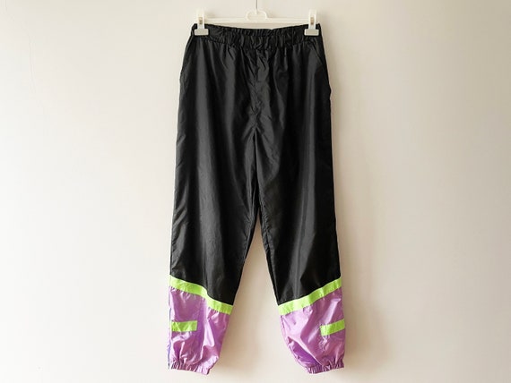 80s Running Pants, High Waist Black Purple Nylon Breakaway