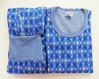 Vintage 80s Long John Thermal Underwear Set Blue Vintage Lingerie Mens Long Johns Tribal Print Hippie Men's Thermals Vintage Pajamas Large