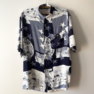 80s Abstract Print Viscose Shirt: Men&#39;s Short Sleeve Summer Top XL