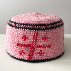 Pink hat tubeteika, traditional headwear, crochet kippah kipa hat, ethnic cap fez pillbox, festival men vegan skullcap