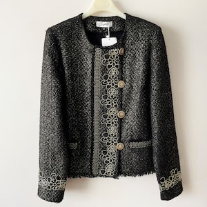 NOS Black cropped blazer with golden embroidery, golden buttons jacket with shoulder pads, feminine wool blend jacket, women office wear