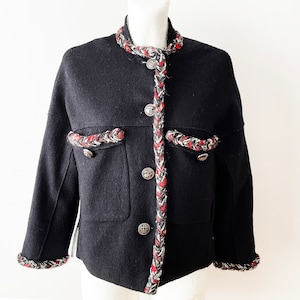 Black wool cropped women's jacket, winter blazer with metal buttons, short warm jacket with slouch shoulders and bright lining, size medium