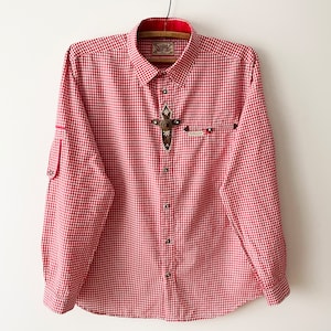 Men&#39;s loden shirt, Red gingham plaid chemise, Embroidered button up trachten singlet, long sleeve chemise, Austrian shirt, size large