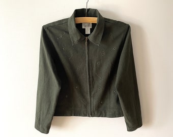 Blazer de mujer verde, chaqueta caqui bordada, top de mujer con cremallera, chaqueta de manga larga, blazer recortado de algodón grueso, regalo para ella, mediano